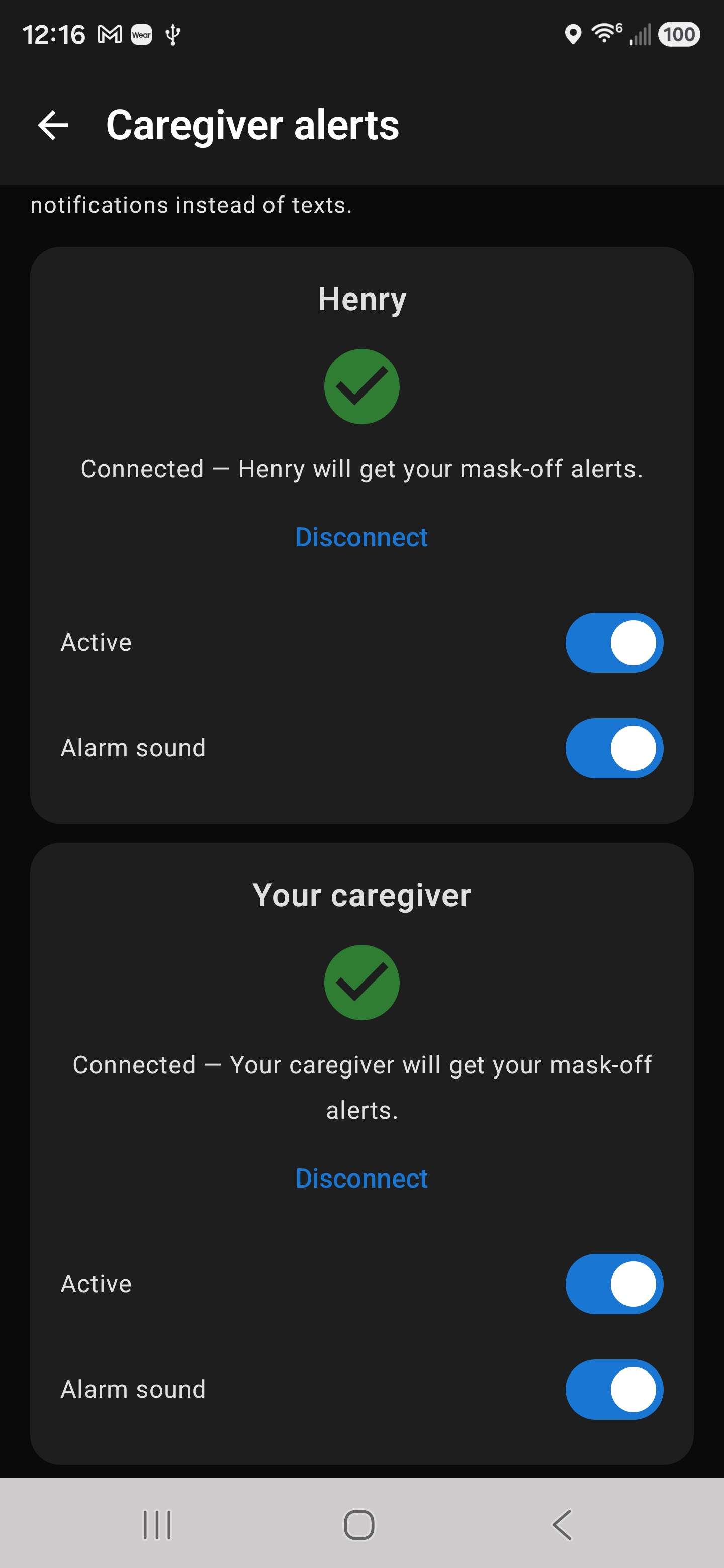 Per-caregiver Active and Alarm sound controls