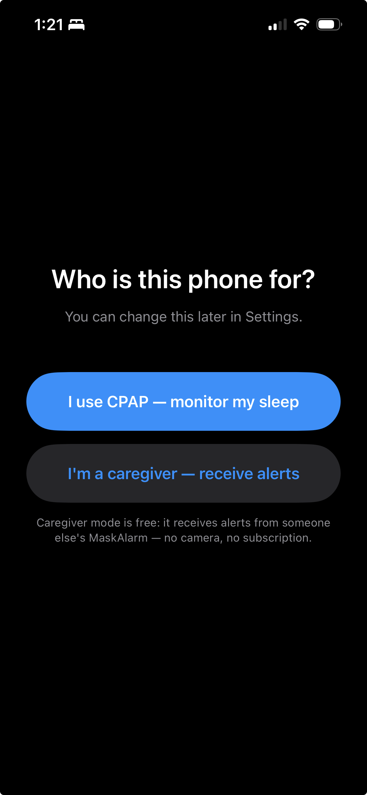 Choosing free caregiver mode on setup